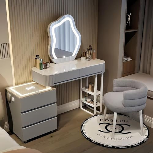 MYDD8 Schminktisch Mit Spiegel Und Beleuchtung, Kabelloses Aufladen Und Bluetooth-Audio, Einstellbarer Led-Beleuchtung, 5 Schubladen, Schminktisch Holz für Das Schlafzimmer