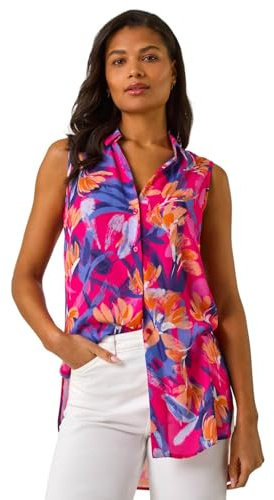 Roman Originals Sleeveless Shirt for Women UK Ladies Blouse Top Button Through Summer Smart Casual Work Cocktail Party Office Holiday Special Occassion Evening Going Out - Pink Purple - Size 18