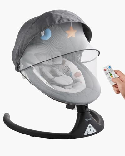 VEVOR Columpio para Bebé, 5 Velocidades, 3 Posiciones de Asiento, con Panel Táctil de PVC, Control Remoto, Bluetooth, 10 Canciones de Cuna y Mosquitera para 0 a 9 Meses, 720 x 630 x 470-690 mm