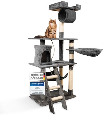 Foxdevil by xonic® Stabiler Kratzbaum für Katzen - Vielseitiger Katzenkratzbaum mit Aussichtsplattform, Hängematte, Kuschelhöhle, Spielkordel, Treppe – 141 cm Hoch – (Grau V1)