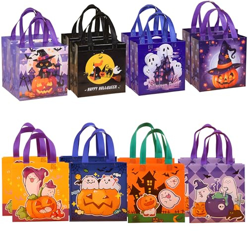 16 Stück Halloween Süßes oder Saures Süßigkeitentüten, Halloween Einkaufstaschen mit Griffen, Wiederverwendbare Vlies-Geschenktüten zum Verpacken von Geschenken, Party Zubehör