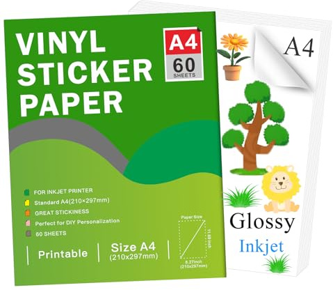 Ruibytree Glossy Vinyl stickerpapier zum bedrucken A4 für Inkjet, 60Blätter | Bedruckbare glänzende Klebefolie, brillante Farben, glatte Oberfläche, Cricut-kompatibel, für DIY-Sticker & Etiketten