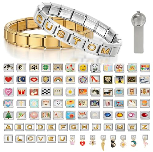 Armband Personalisiert Italian Charm Bracelet, 10/15/20 Individuelle Charms in 100 Designs, Verstellbares Gliederarmband aus Edelstahl mit Werkzeug, individuelle DIY-Geschenke für Frauen/Männer