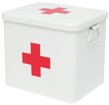 Gzsekken Medicine Box, Metal First Aid Box with 2-Tier Design and Handle, Large Medicine Storage Case with Removable Tray, First Aid Kit Organiser for Home Use, Office and Outdoor Travel(White)