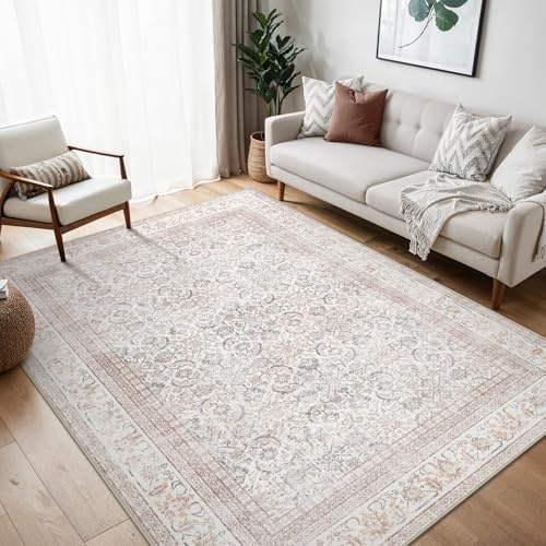 BEIMO Vintage Waschbarer Teppich Wohnzimmer, 240x300cm Hellbeige | Boho Orientalisch, Großer Weicher Kurzflor Carpet mit Rutschfester für Küche und Bettvorleger Schlafzimmer