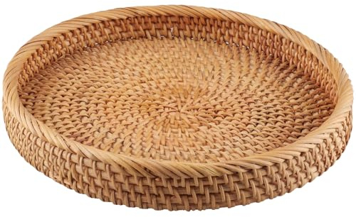 wocpvm Round Rattan Tray,Bathroom Decorative Tray,28 cm Rattan Serving Tray | Stylish Coffee Table & Bathroom Countertop Storage Basket(11 x 11 x 1.96 inch)