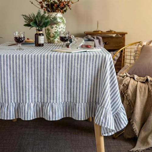 BOAO Baumwoll-Tischdecke mit Rüschen, 132 x 178 cm, Blau/Weiß gestreift, für rechteckige Tische, Küche, Party, Hochzeitsdekoration