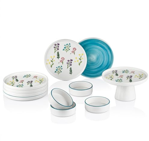 Kitchen Life Juego de desayuno de 11 piezas para 6 personas – Art Botanical Handmade Premium Serie – Vajilla de cerámica hecha a mano con motivos florales – Apto para lavavajillas, duradero y moderno