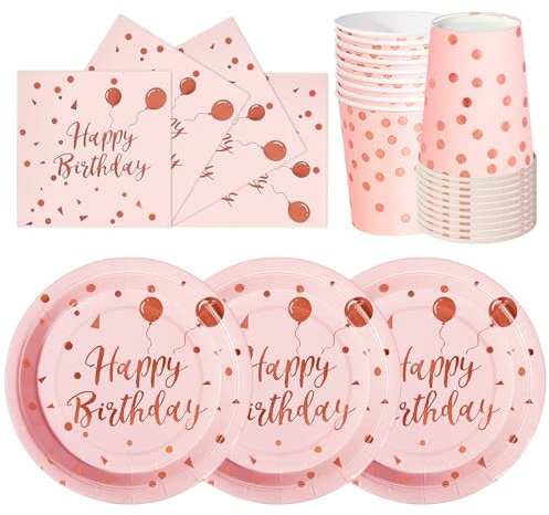 hailstones Oro Rosa Rosado 72 Piezas de Vajilla de Papel para Cumpleaños Infantiles: Platos, Vasos, Servilletas - 24 Invitados