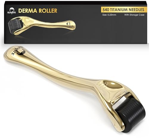 Elevate Derma Roller 0.25mm with 540 Titanium Microneedle Roller for Women & Men - Gold Roller for Face Skin Hair & Beard - Includes Storage Case
