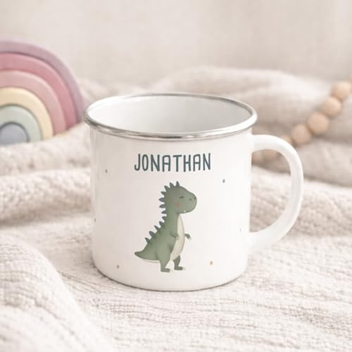hellomini Personalisierte Emaille Tasse für Kinder, Kindertasse mit Wunschmotiv, Kinderbecher mit Namen, Geschenk zum Geburtstag für Mädchen und Jungs, (T-Rex)