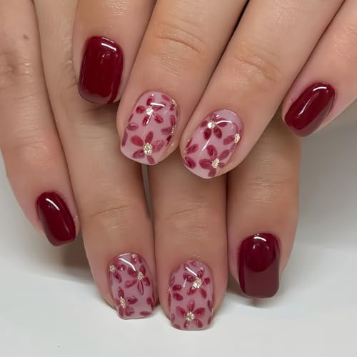 Bafutayawa Press On Nails, 24 Stück weinrote Kunstnägel, extra kurze Nude-Blumen mit Glitzer-Design, Winter-Kunstnägel mit voller Abdeckung, quadratische Form für Frauen