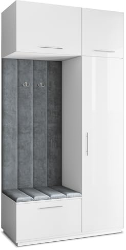 Masseno Flugarderoben Set Rema, Kleiderschrank-Set mit Sitzbank, Garderobenschrank Flur mit 5 Regalböden, Weiß