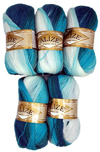 Alize 5 x 100 g Strickwolle mehrfarbig mit Farbverlauf, 500 Gramm Strickgarn mit 20% Wolle-Anteil (Petrol türkis weiß 1892)