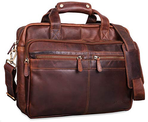 STILORD 'Explorer' Lehrertasche Leder Herren Damen Aktentasche Büro Schulter- oder Umhängetasche für Laptop mit Dreifachtrenner Echt Leder Vintage, Farbe:cognac - dunkelbraun