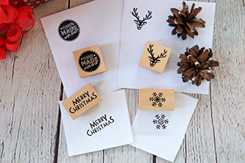 B4E Pack of 4 Christmas Wooden Rubber Stamps with Snowflake Design | Wooden Rubber Stamp Set for Scrapbooking, Gift Wrapping | Ideal for Using Together or Individual on Gift Tags, Crafts
