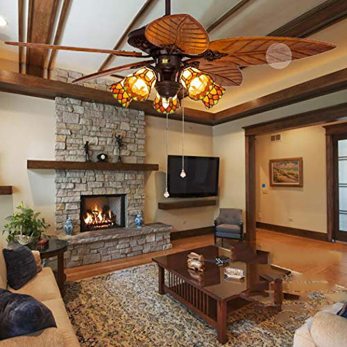 Tiffany Style Ceiling Fan Light Wooden Palm Leaf Fan Lamp Indoor Outdoor Mute Ceiling Fans Chandelier 5 Blades 5 Lights,52 Inch,remotecontrol