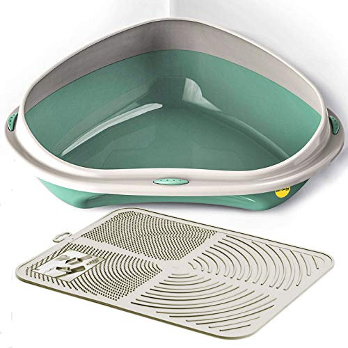 CAT CENTRE Green XL Jumbo Corner Cat Litter Tray + Cream Nonslip Mat Set Box Loo Toilet Kitten Pad