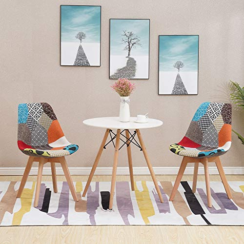 HomJoy Round Dining Room Table and Patchwork Chairs Set 2 80cm | Modern Kitchen Table Solid Wood Legs Lounge Chair Padded Space Saver Restaurant Home Office Reception Apartment Canteen