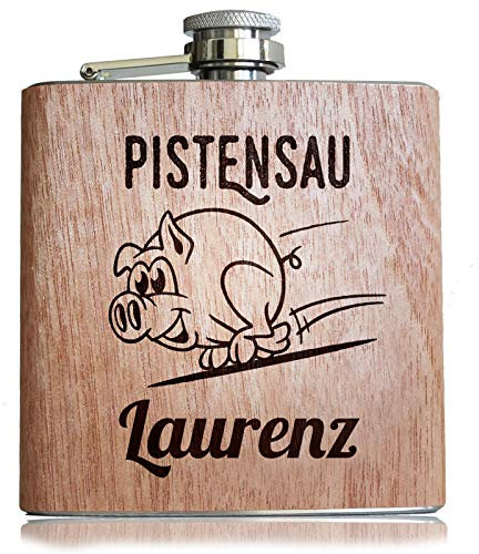 Pistensau Holz Flachmann Persönliche Namens Gravur Geschenk Skifahrer Après Ski Scherzartikel lustig Spruch Skifahren