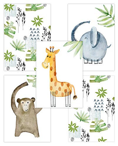 Olgs Wandbilder 5er Set für Baby & Kinderzimmer Deko Poster | Kunstdruck DIN A4 ohne Rahmen und Dekoration Tiere (Junge/Mädchen) (W11 Affe Elefant Giraffe Dschungel)