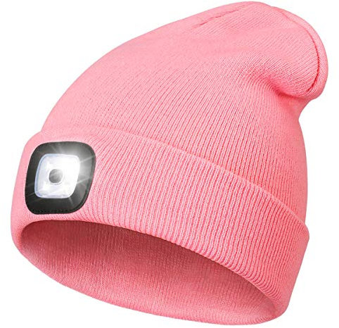 Wmcaps Mütze mit Led Licht, Wiederaufladbare USB Freisprech Stirnlampe Strickmütze Wintermütze Warme Mütze Kappe Scheinwerferkappe zum Camping Joggen Geschenke für Männer Frauen, Rosa
