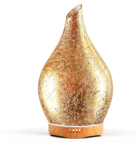 Porseme Aroma Diffuser Glas mit Vergoldetem,280ml Handgeblasen Luftbefeuchter Ultraschall Cool Mist Leise,7 farbwechselnde LEDs,Letzte 7 Stunden,Raumbefeuchter Mit Timer,BPA Frei für Wohnung
