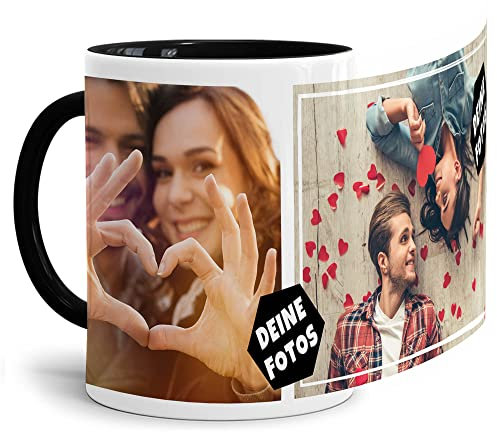 Foto-Tasse zum selbst gestalten mit Foto-Collage für 2 Wunschfotos - Geschenk für Familie, Freunde, Geburtstag, Weihnachten - Keramik Innen & Henkel Schwarz, 300 ml I Personalisiert