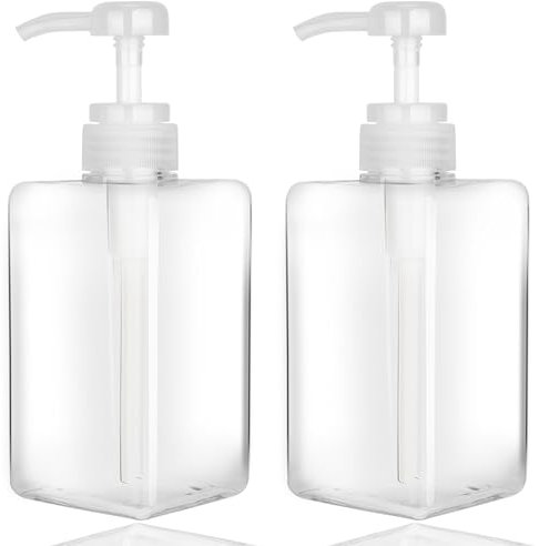 Jansburg 450ml Pump Bottle Dispenser 2Pack Refillable Square Plastic Lotion Dispenser Empty Lotion Pump Bottle for Essential Oil Soap Lotion Shampoo, Bathroom/Kitchen/Travel Clear