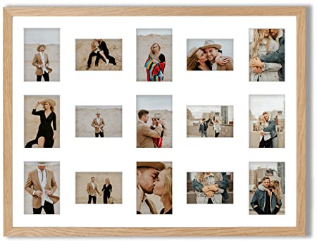 aFFa frames Bilderrahmen 60x80 cm - Holz Fotorahmen Tisar mit Acrylglas und HDF Rückwand - 15 Foto-Ausschnitten für 9 Fotos 10x15 cm und 6 Fotos 9x13 cm Eiche