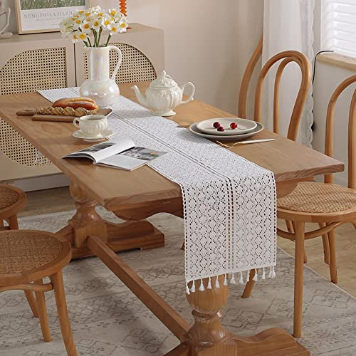 Ricemru Boho Tischläufer Gehäkelt Weiss-Makramee Tischläufer Vintage Landhaus Häkelspizte-Tischläufer Häkeloptik Outdoor-Tischband Tischdeko für Hochzeit Festival Esstish,30x140