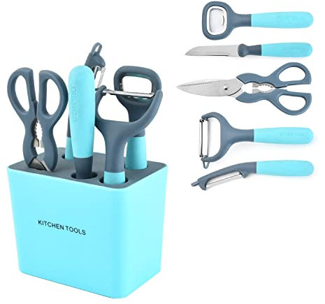 Peeler and Cutter Tools Set of 6, Swivel Vegetable Kitchen Gadgets with Holder Multifunction Utensils Set, Include Peeler Fruit Knife Slicer Kitchen Scissor Bottle Opener and Stand Storage Base