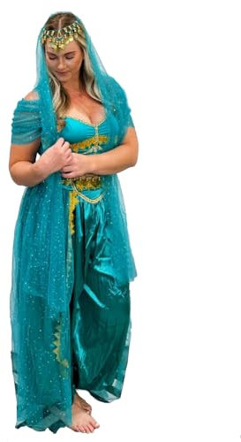 ZLTdream Frauen Cosplay Kostüm Indische Bauchtanz Kostüm BH Top mit Brust & Hose & Kopf Schleier Halloween, Blau / Grün, Large