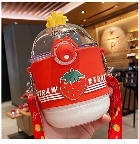 Gourde Sport Gourdes d'eau Gourde 390 Ml Kawaii Fraise Pêche Bouteille D'eau Avec Paille Sangle En Plastique Portable Voyage En Plein Air Fruits Boissons Bouteilles Bouteille d'eau ( Color : Red a , S