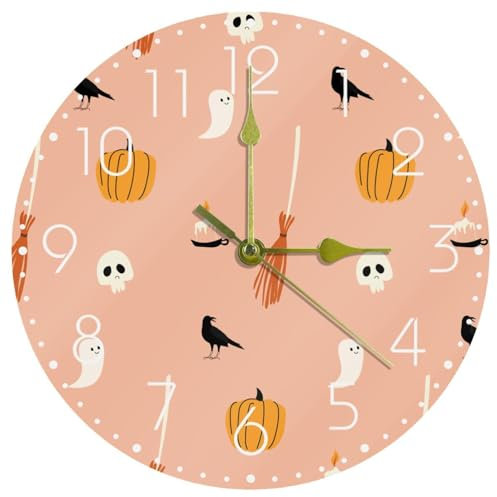 RODAILYCAY Reloj de pared silencioso sin tictac, esfera de acrílico circular, escoba de calabaza de Halloween, fantasma, movimiento ultra silencioso, cuarzo para sala de estar, dormitorio, cocina,