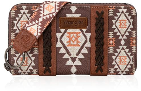 Wrangler Damen Geldbörse - Western-Aztekenmuster Clutch Mit Kreditkartenfach, Handgelenk-Design, Kaffeefarben