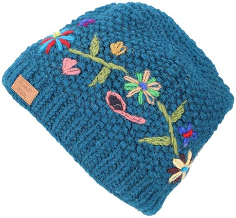 GURU SHOP Kurze Beanie Mütze, Bestickte Strickmütze, Nepalmütze, Wintermütze, Herren/Damen, Petrol, Wolle, Size:One Size