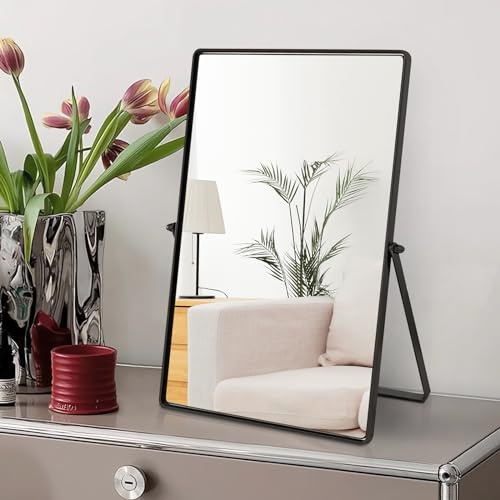 Numjeg Espejo de Maquillaje de Escritorio con Metal Negro de pie de rotación de 90°, Espejo de tocador portátil para vestidor, Dormitorio, baño, Rectangular