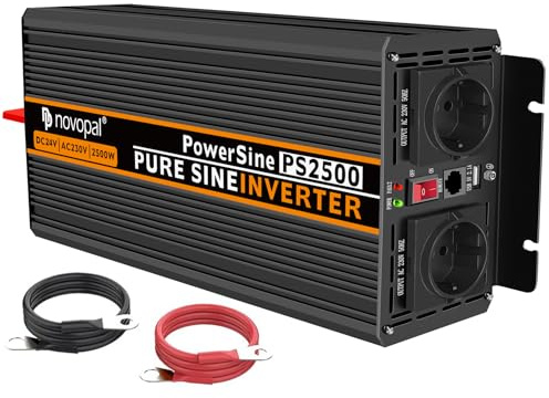 NOVOPAL 2500W Wechselrichter 24v Auf 230v Reiner Sinus Spannungswandler mit 2 EU-Steckdose und Einer 2,1A USB,5M Fernsteuerung