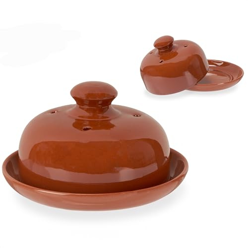Annastore Tontopf zur Aufbewahrung von Lebensmitteln - Käse/Butterbox | 14,7 x 10 cm / Ø 18,5 cm - Knoblauchtopf - Vorratsgefäß aus Ton - Buttertopf - Käsetopf -Butterdose