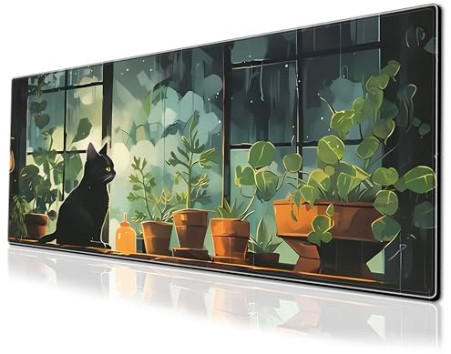 Cute Black cat Gaming Mouse Pad Green Plants Large Desk Mat, 31.5x11.8 Inch Mousepad Extended Non-Slip Rubber Base Keyboard Mat with Stitched Edges for Desk Home Office