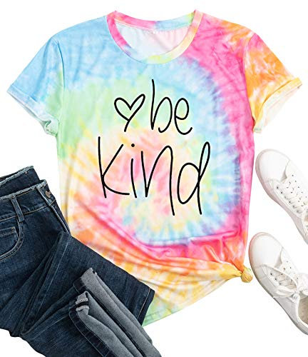 tiorhooe Batik Shirt Damen Be Kind Gradient Regenbogen T-Shirts Frauen Inspirative Lehrer Kurze Ärmel