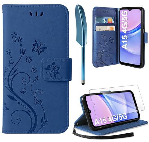 AROYI Lederhülle Kompatibel mit Samsung Galaxy A15 5G/4G Hülle und Schutzfolie,Wallet Handyhülle Leder Tasche Kartensteckplätzen Schutzhülle Kompatibel mit Samsung Galaxy A15 5G/4G Dunkel Blau