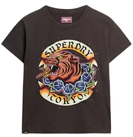 Superdry Damen Figurbetontes Tattoo-T-Shirt mit Strassbesatz Karbon Schwarz 38