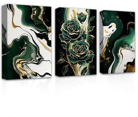 LZIMU Emerald Green and Gold Wall Decor - 3 Piece Abstract Marble Pictures, Green and Gold Canvas Prints, Framed (Abstract-1, 11.00x14.00)