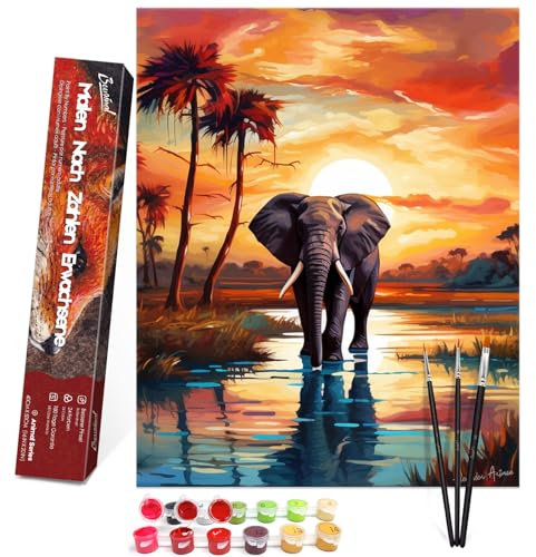 Bougimal Peinture par numéros Adulte Paysage Ohen Cadre avec pinceaux et peinture acrylique - 40 x 50 cm, Eléphant au coucher du soleil