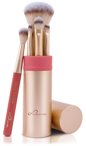 Make-up Pinselset 6-teilig | 5 vegane Mini-Schminkpinsel im Etui | Travel Anniversary Set | Für Foundation, Lidschatten & Blending | Reise-Set in Coral Matt/Gold | LUVIA