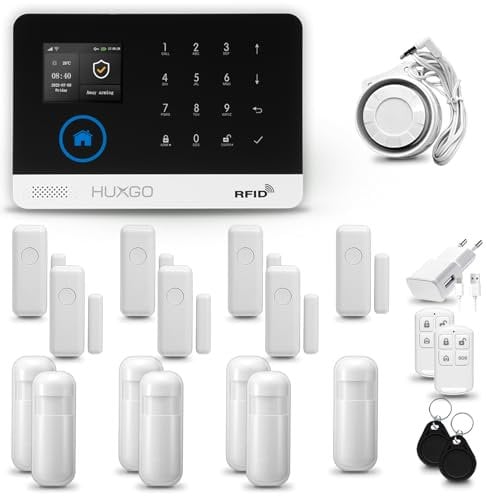 HUXGO® HXA003 Alarmanlage für Haus WiFi + GSM 4G Set mit Sirene | Funk Alarmanlage Wohnung mit App. TUYA |Alarm System mit 7X Bewegungssensor, 7X Fensteralarm/Türsensoren | Smart Home