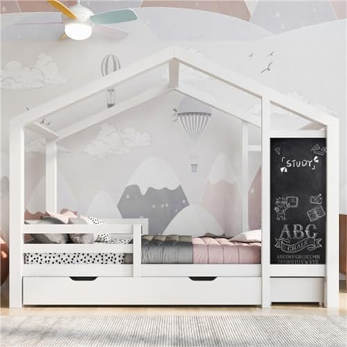 Hausartiges Kinderbett, Familienbett, Holz, Mit Dreiseitigem Zaun Gegen Stürze, Mit Interaktiver Tafel Und Zwei Schubladen, Geeignet Für Jugendliche, Weiß, 90 x 200cm