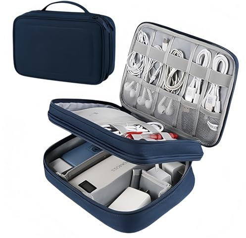 wigmoa Travel Electronics Organizer Waterproof Double Layer Cable Storage Bag for Electronic Accessories, Large Shockproof Case for Cords, Tablets, Power Banks Organizer Bag MT-Y (Deep Blue)
